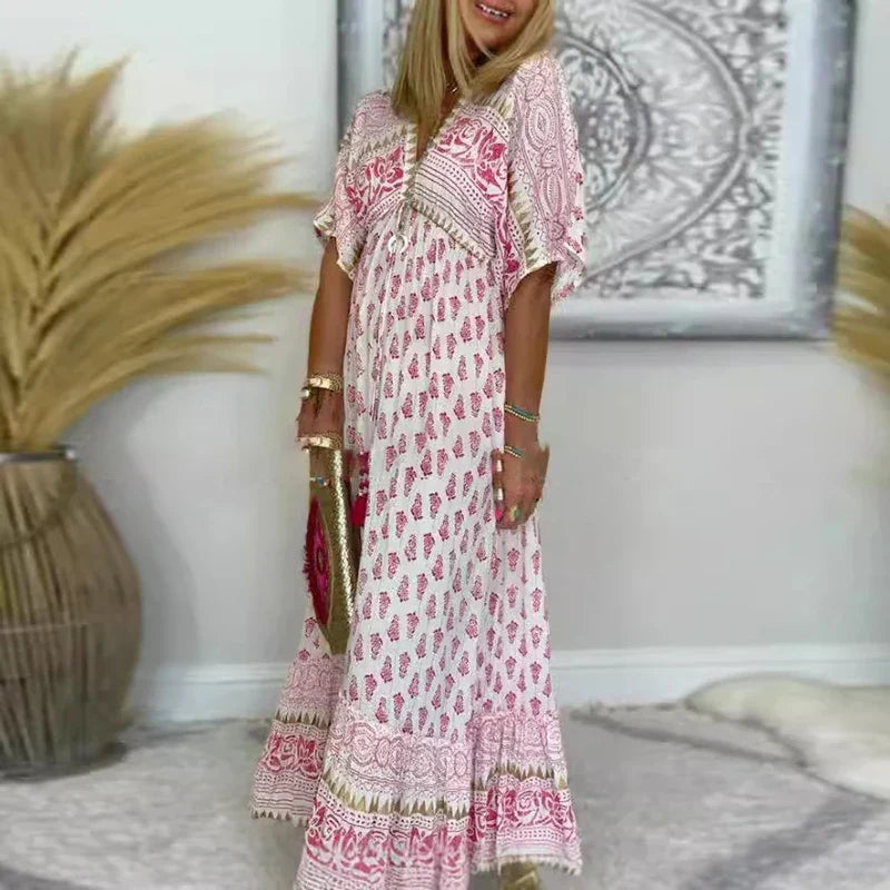 Women's V Neck Maxi Dress with Tassel Detail