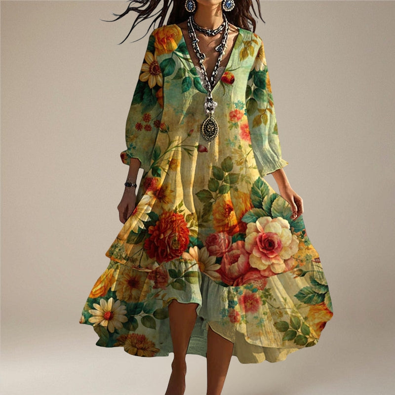Amelia – Long Sleeved V Neck Floral Print Dress with Loose Fit