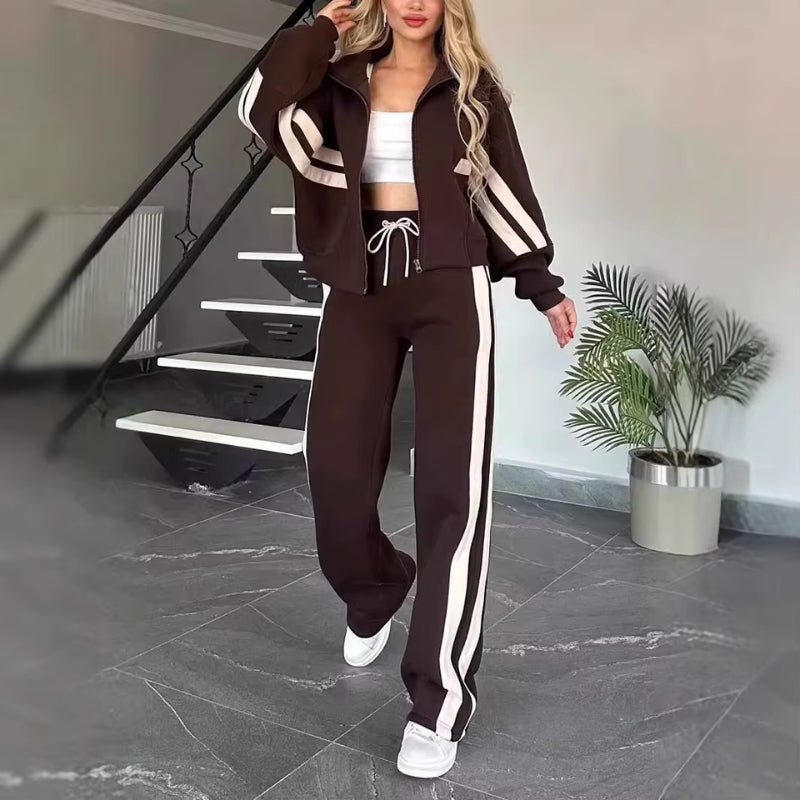 Women’s Two-Piece Set with Zip-Up Jacket and High-Waist Pants