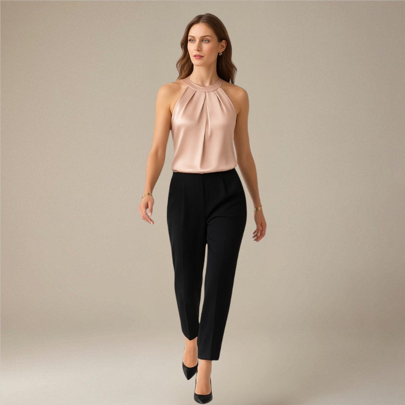 Women's Sleeveless Satin Draped Blouse with Pleated Front