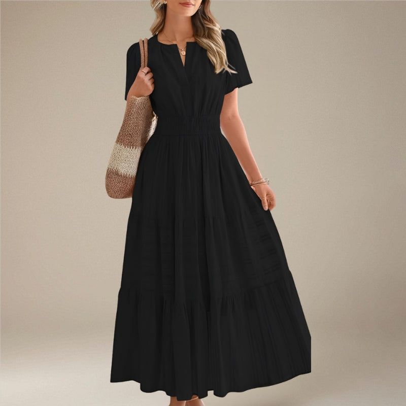 Women's Midi Dress with Wrap Waist and Short Sleeves