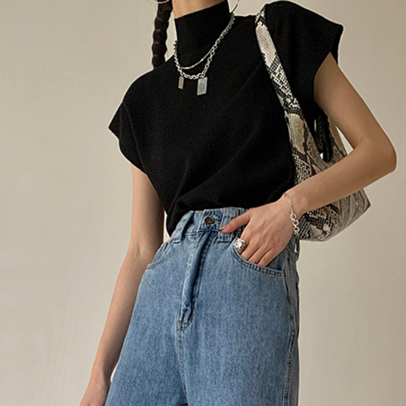 Women's Ribbed High Neck Blouse with Short Sleeves