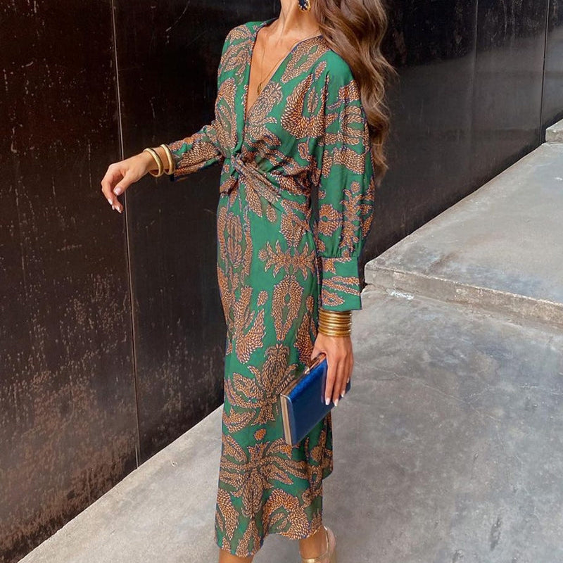 Women’s Floral Print Maxi Dress V-Neck Long Sleeve