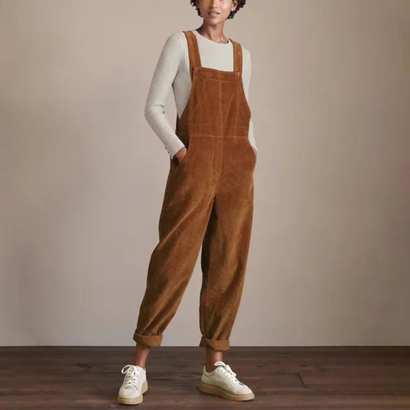 Corduroy Jumpsuit with Adjustable Straps and Straight Legs
