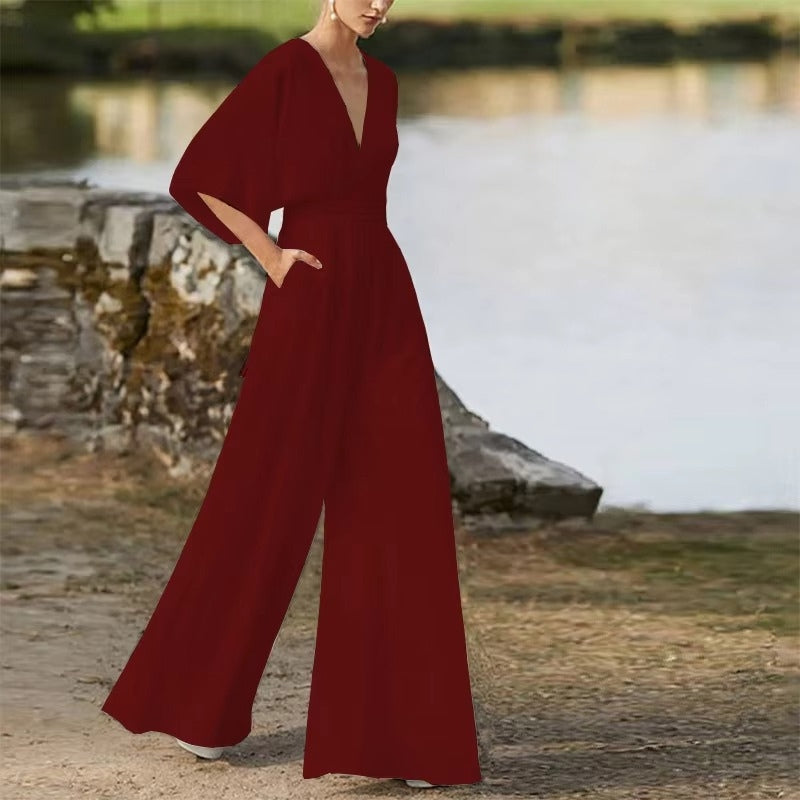 Willow - Loose Fit Short Sleeve Jumpsuit With V Neck Design