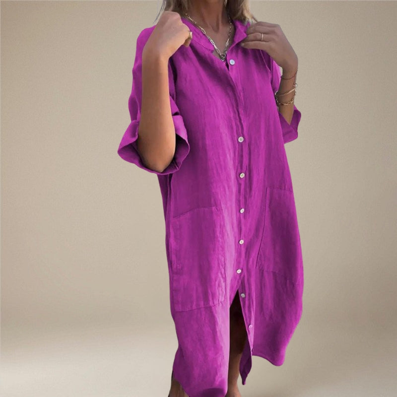 Women's Button Down Midi Dress with Long Sleeves