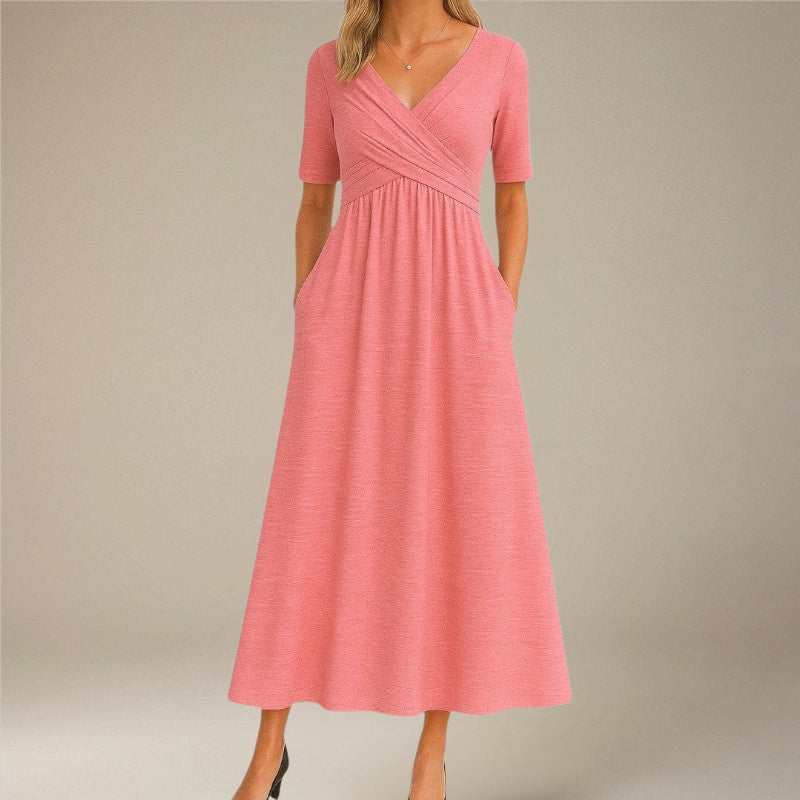 Women’s V-Neck Midi Dress Short Sleeve with Side Pockets