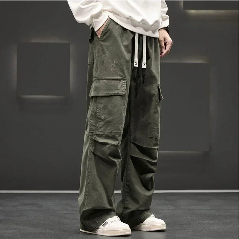 Men's Wide Leg Cargo Pants with Drawstring Waist