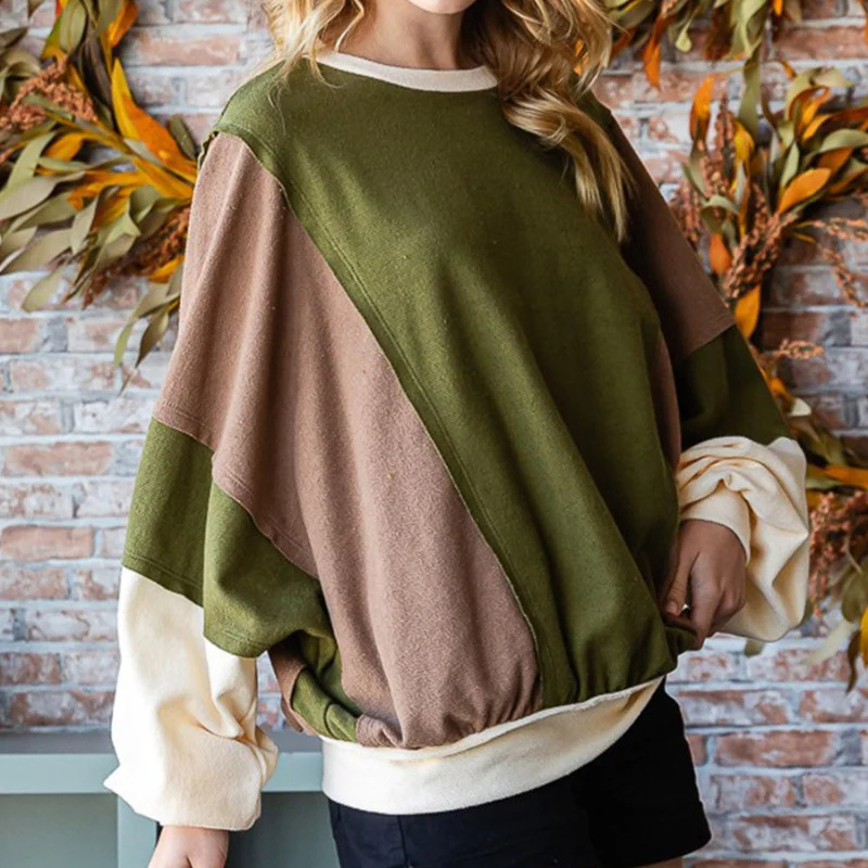 Sophia – Suéter holgado de cuello redondo con diseño de patchwork