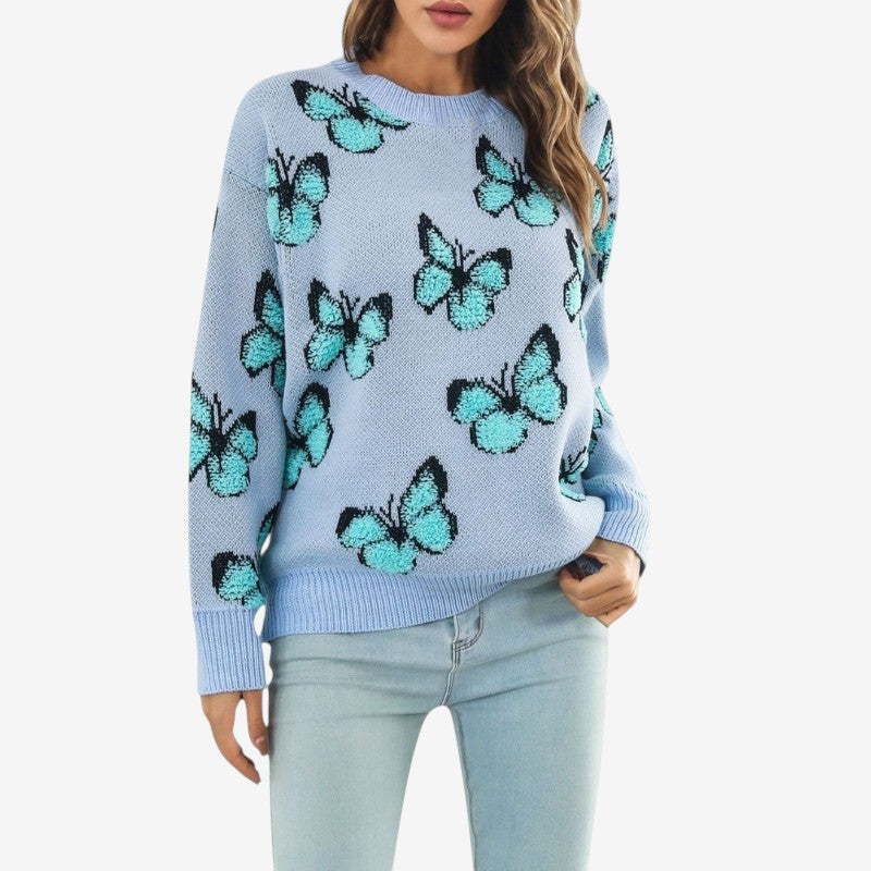 Ava – Round Neck Sweater with Butterfly Pattern and Long Sleeves