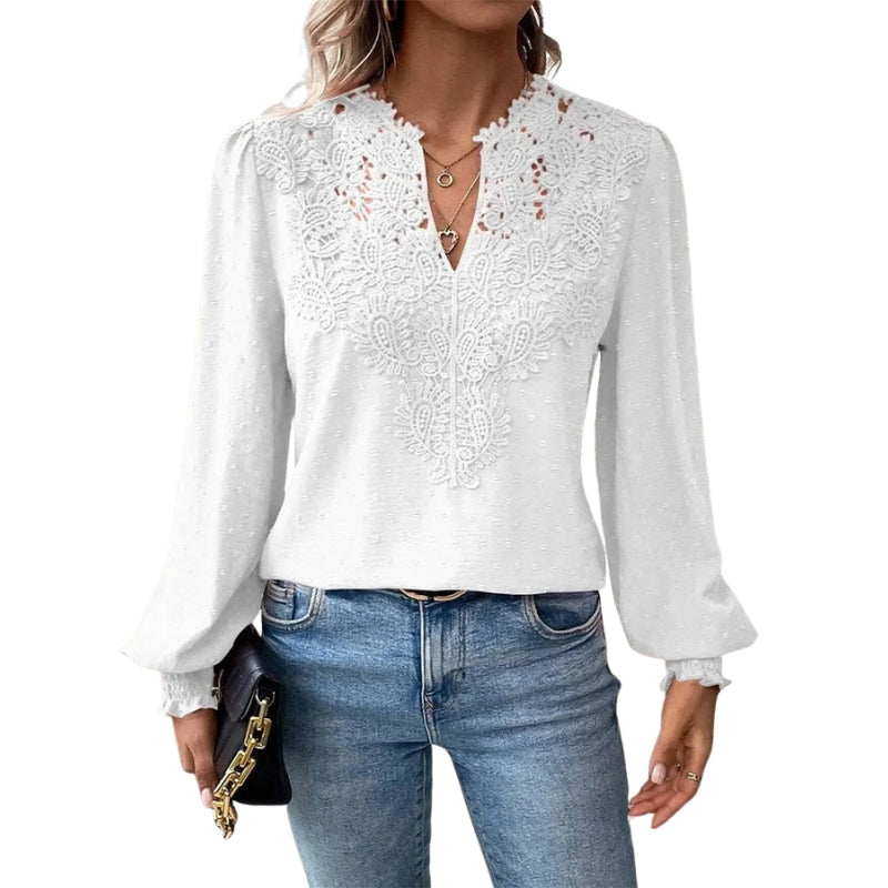 Svenja – Blouse met Lange Mouwen, V-Hals en Kantdetails Velani