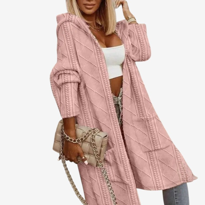Womens Hooded Cable Knit Open Front Cardigan