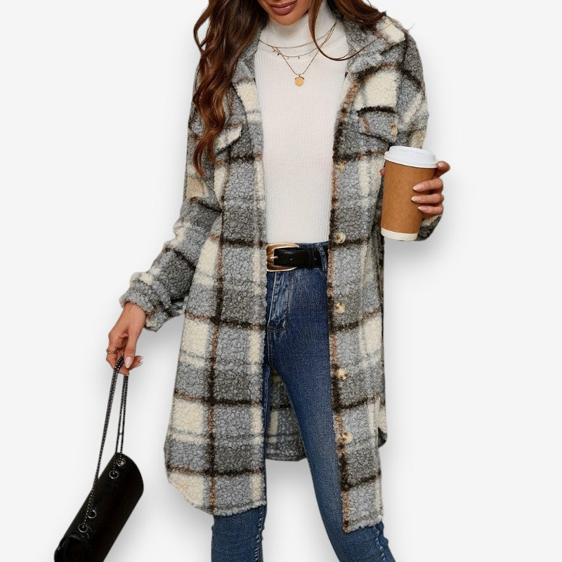 Olivia – Long Sleeve Coat with Button Closure and Down Collar