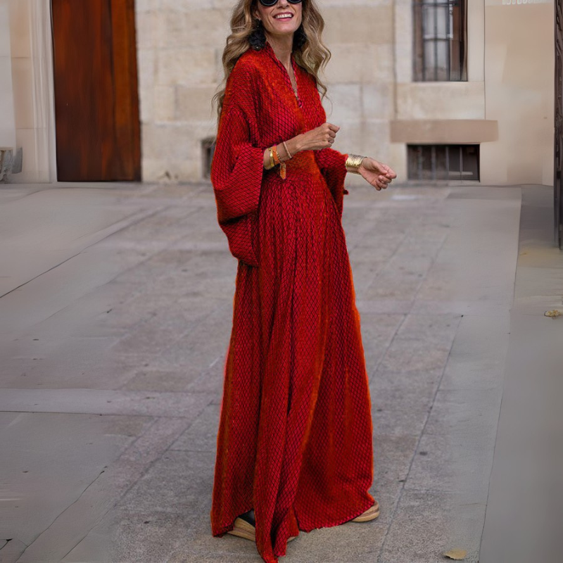 Nora – Lange maxi-jurk met wijde mouwen en geruit patroon Velani