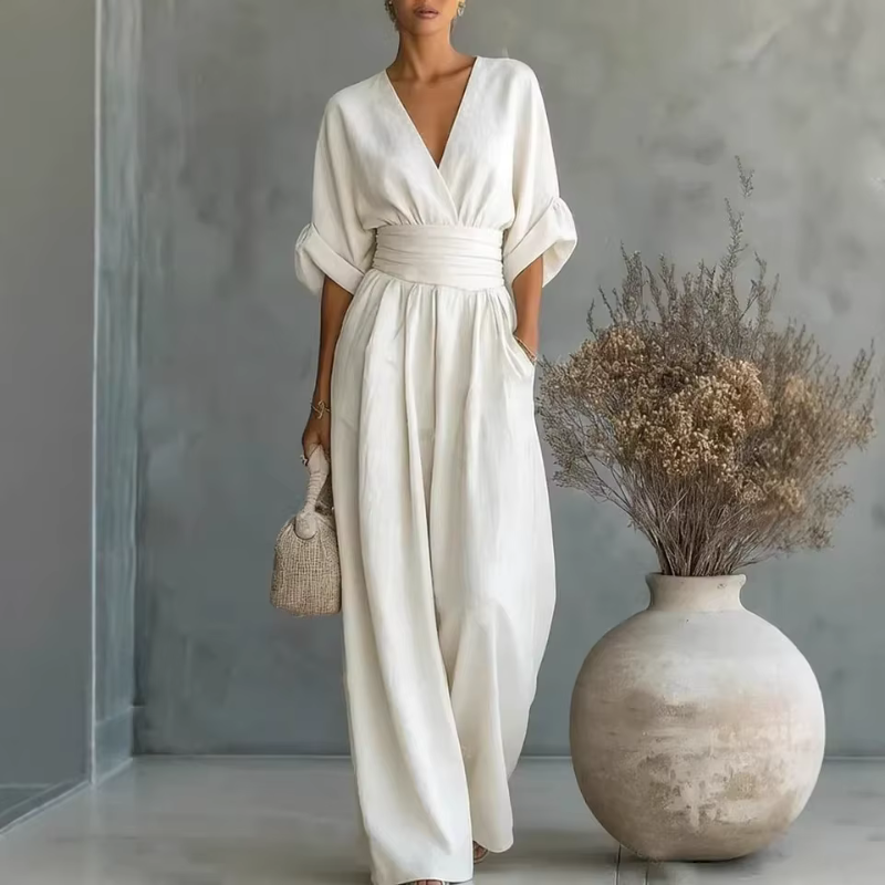 Chic Women's Wide Leg Jumpsuit with V Neck