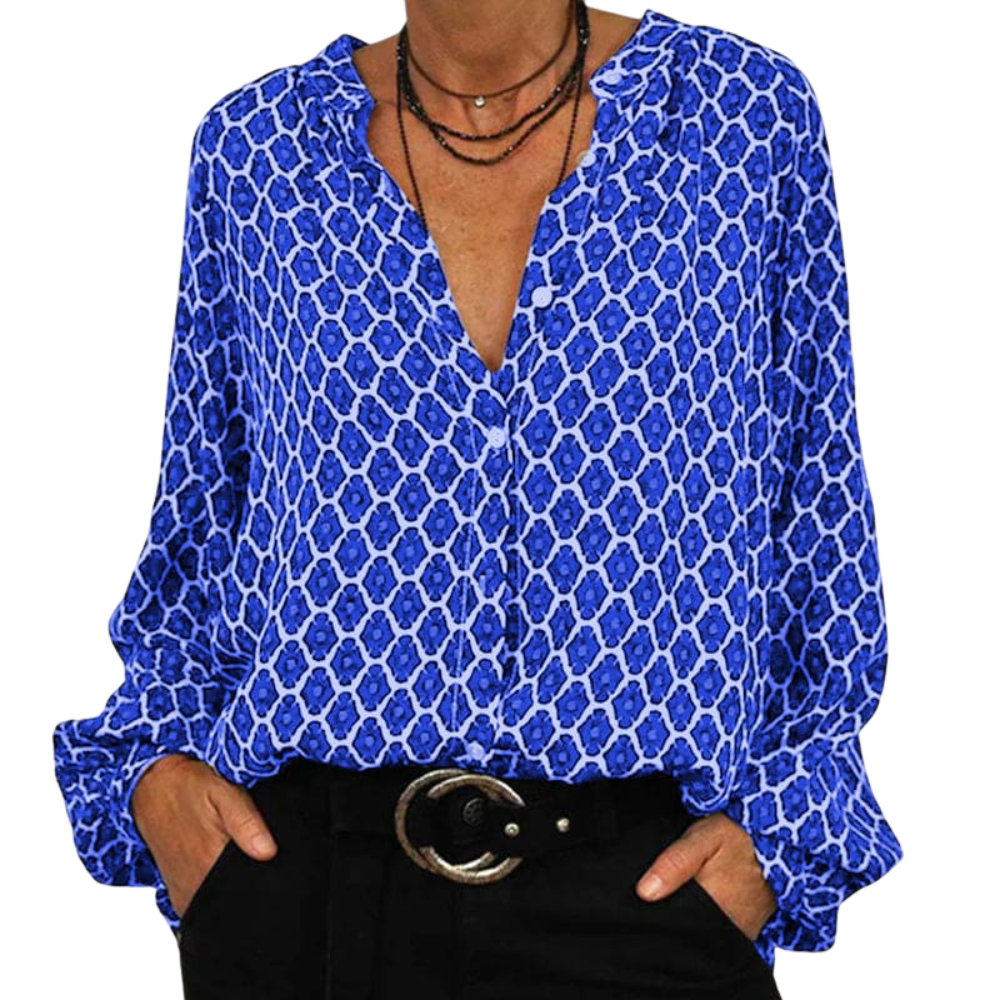Erika – V-hals Blouse met Lange Mouwen en Knopen Velani