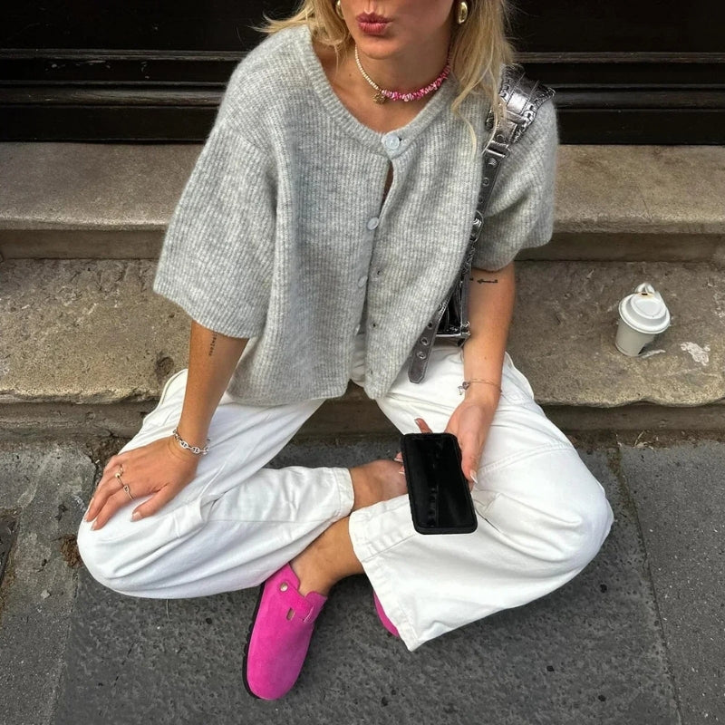 Julia – Round Neck Cardigan with Button Closure