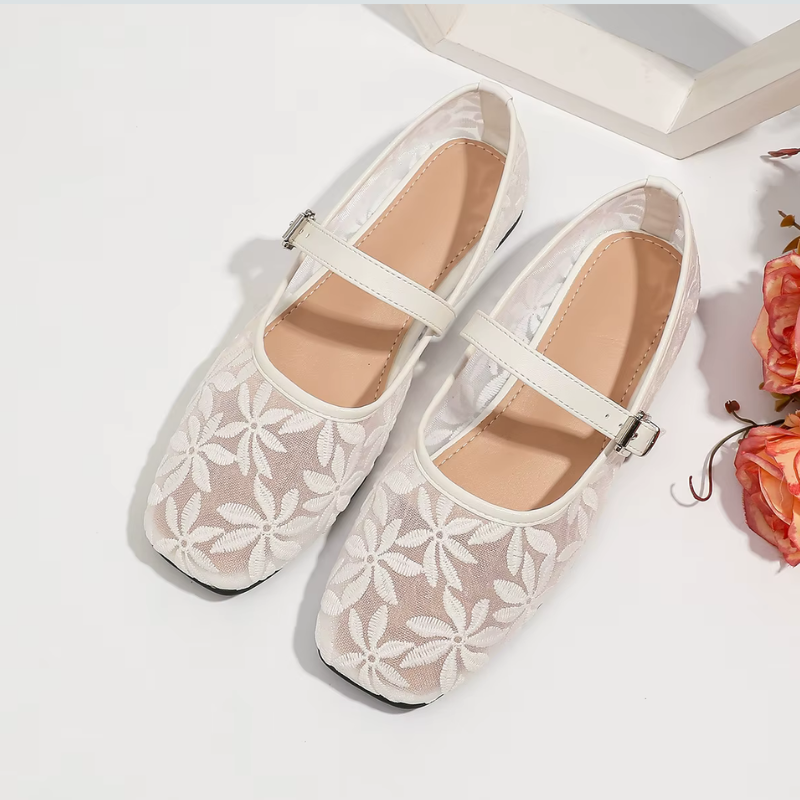 Square-Toed Ballerina Flats with Floral Embroidery