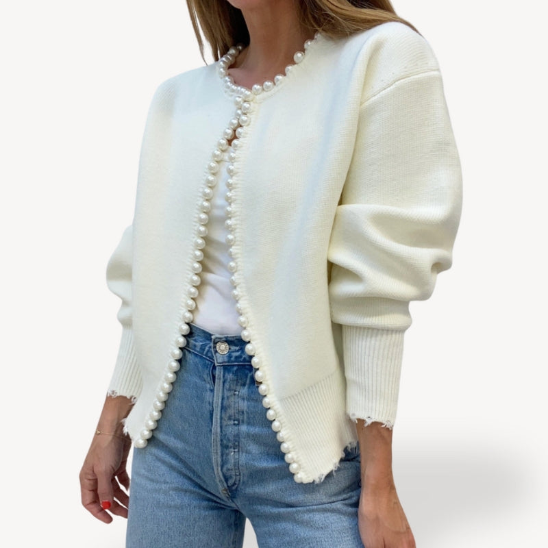 Eliana – Gebreid Vest met Lange Mouwen, Ronde Hals en Parelaccenten Velani