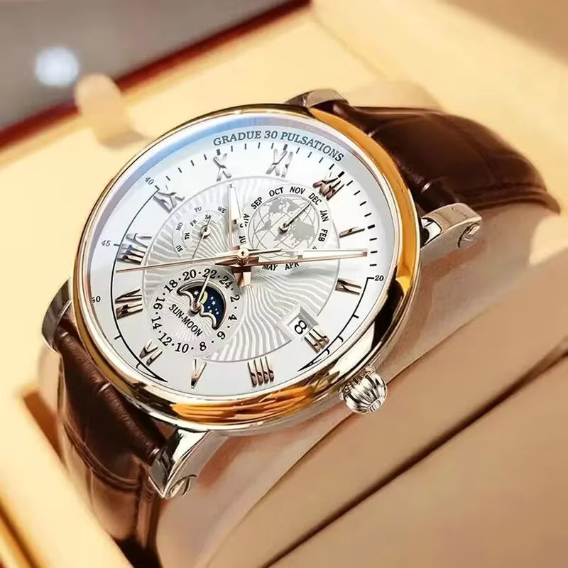 LunOrix - Round Watch with Adjustable Strap and Moon Phase Detail