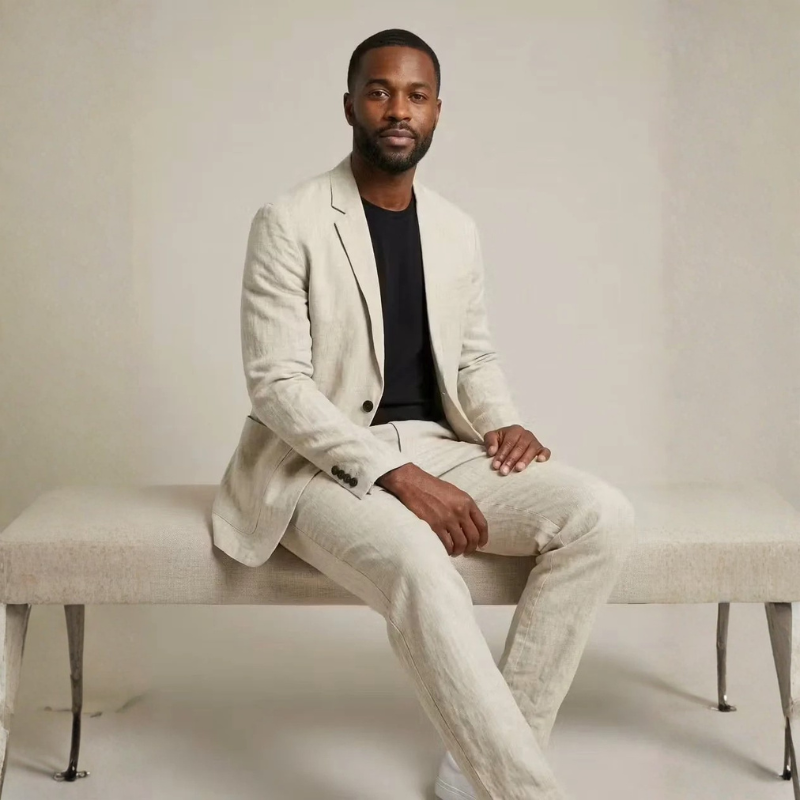 Men's Linen Blazer and Wide Leg Pants Ensemble