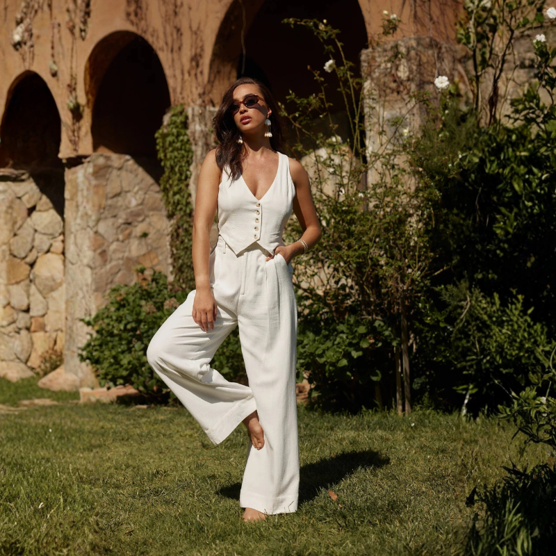 Womens V Neck Crop Top and Wide Leg Trousers Set