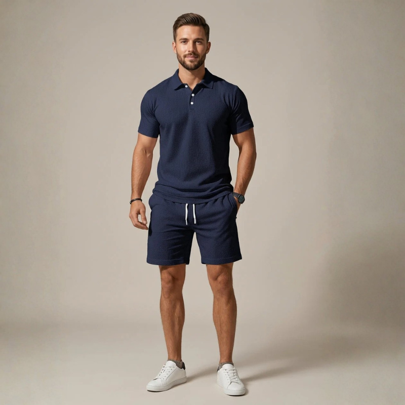 Men's Stylish Polo Shirt and Drawstring Shorts Set