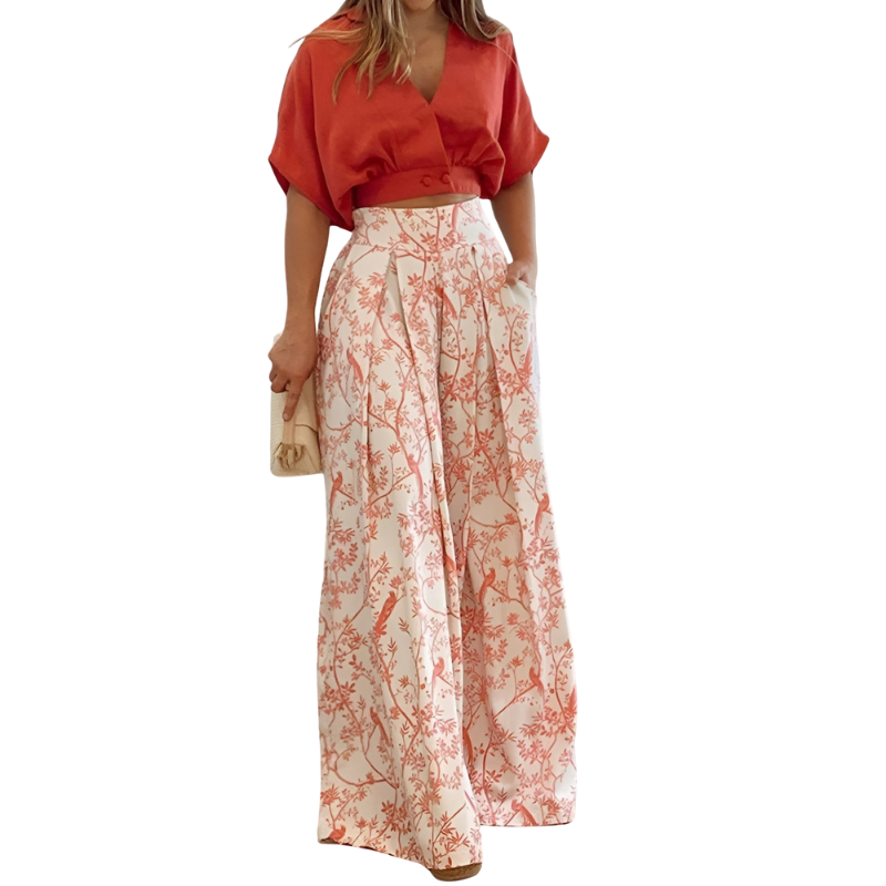 Jessica – Tweedelig Pak met Bloemenprint en Wijde Pijpen Broek Velani