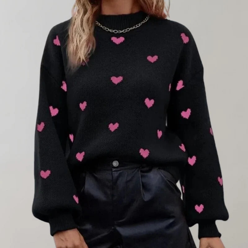 Jennifer – Suéter de manga larga con estampado de corazones y cuello redondo