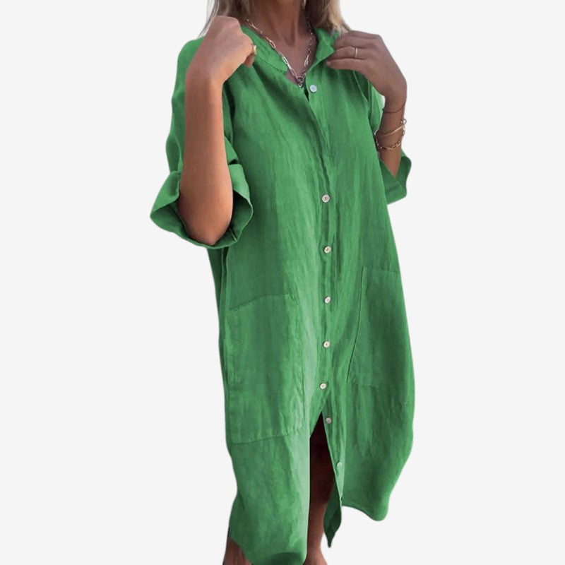 Women's Button Down Midi Dress with Long Sleeves