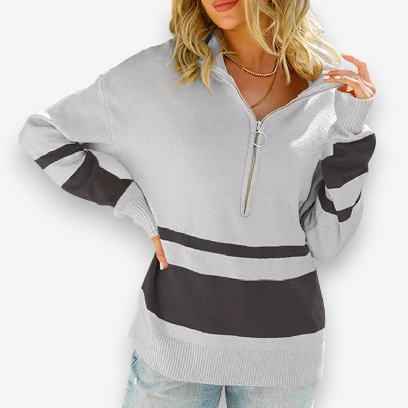 Lia – Long Sleeve Sweater with Ribbed Hem and Zippered Closure