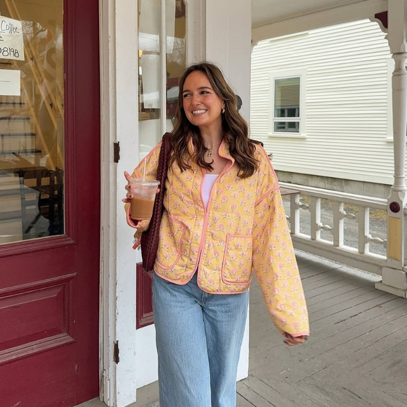 Sophia – Floral Print Long Sleeved Jacket with Stand Up Collar and Pockets