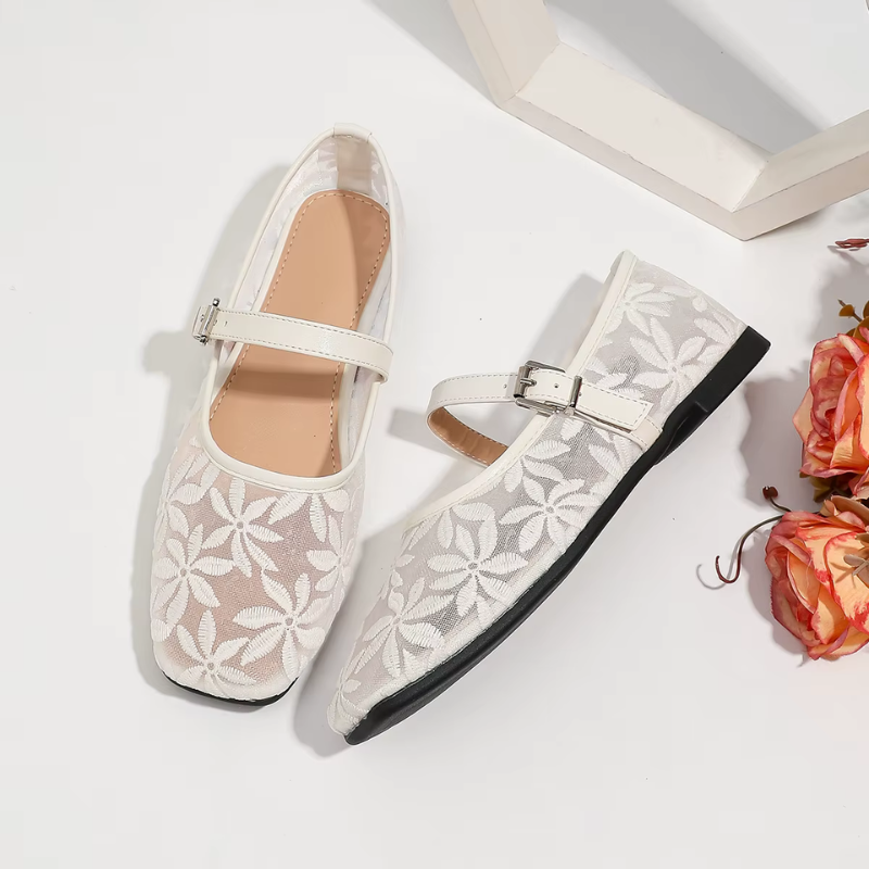 Square-Toed Ballerina Flats with Floral Embroidery