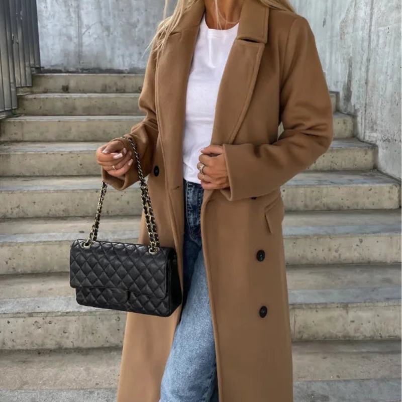 Bella – Lange Jas met Knopensluiting, Lange Mouwen en Zakken Velani