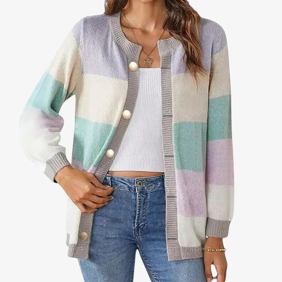 Abigail – Cárdigan estampado de manga larga, cuello redondo y botones