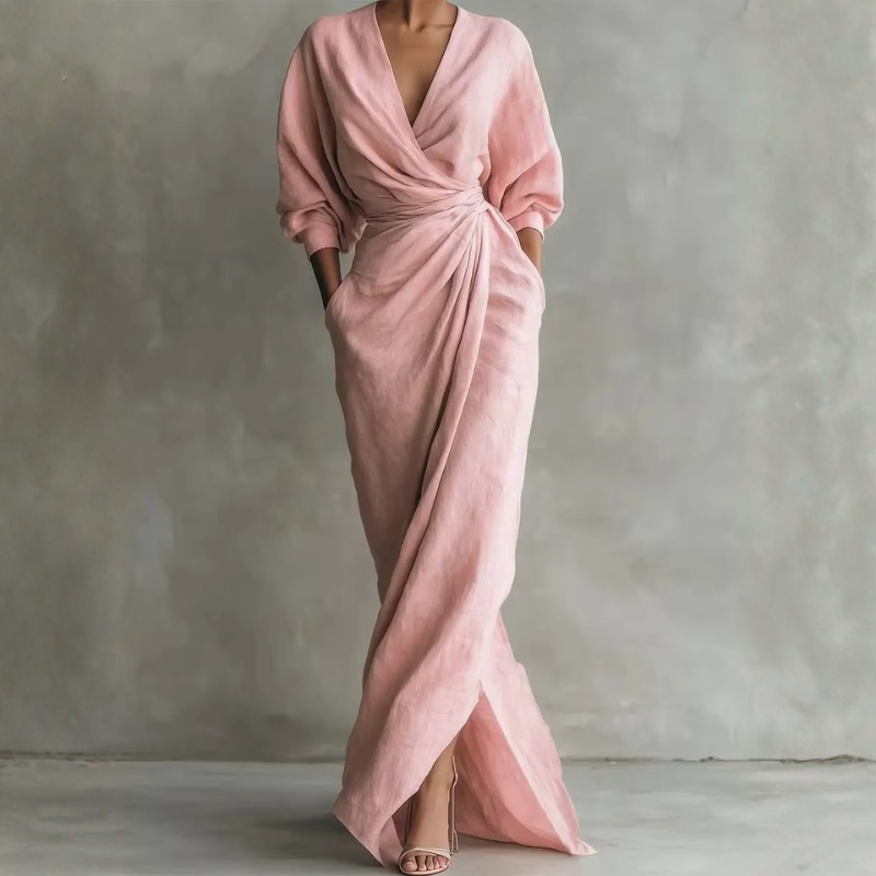 Elegant Women's V Neck Maxi Dress with Wrap Waist
