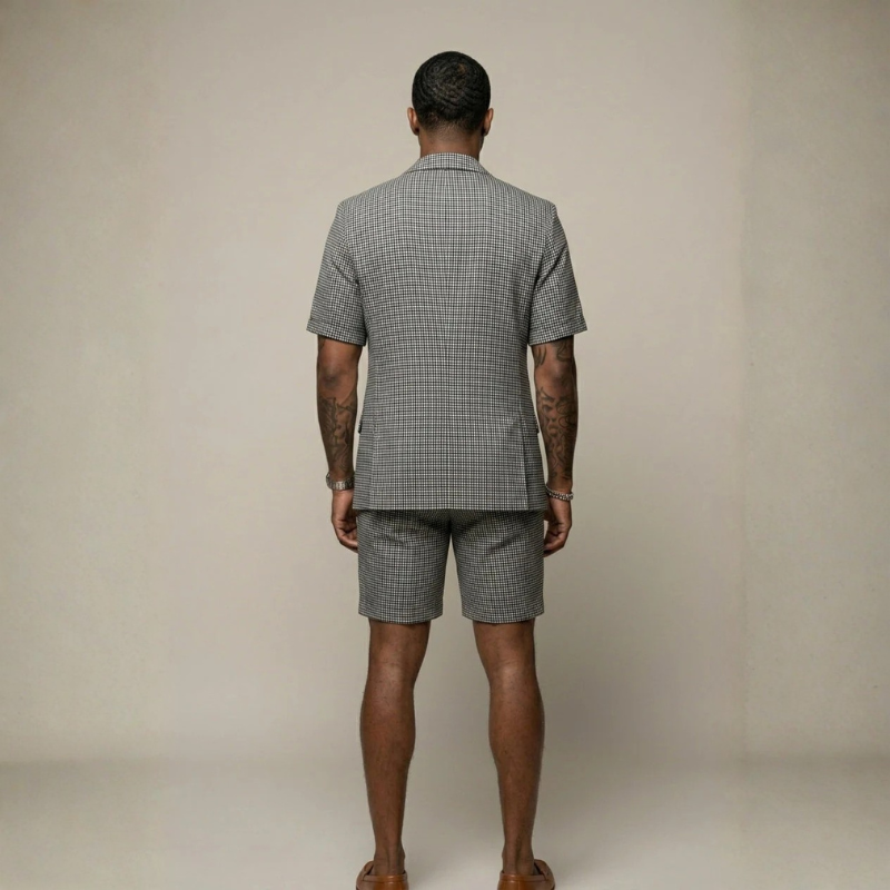 Men's Short Sleeve Plaid Blazer and Trousers Set