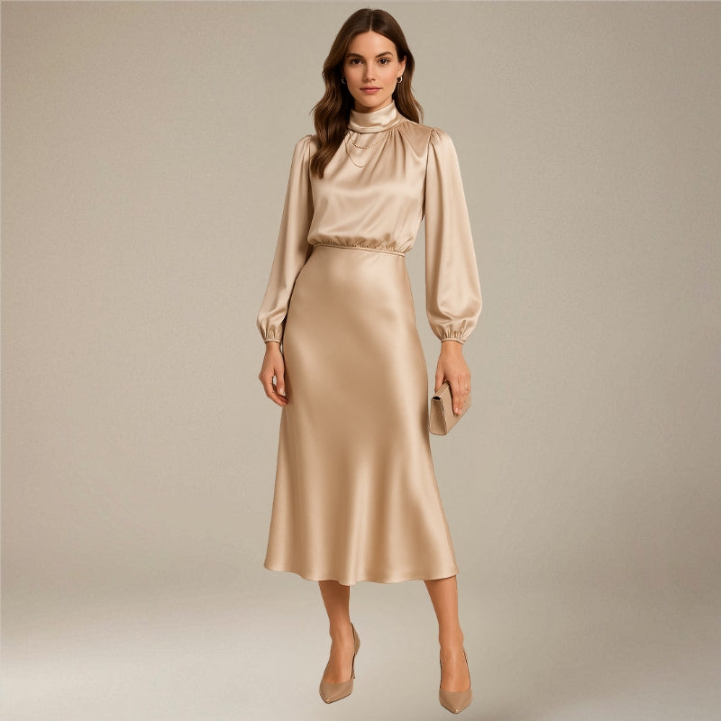 Women’s high-neck long sleeve midi dress