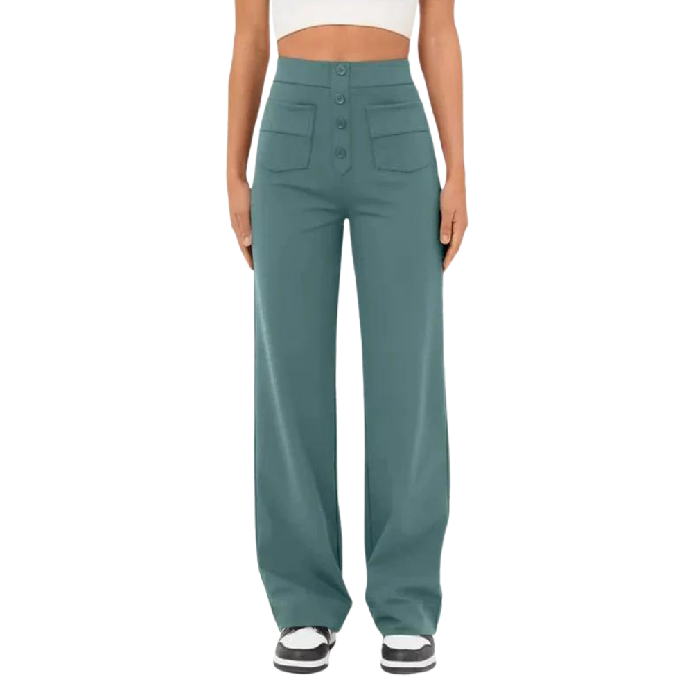 Anna – Hooggetailleerde Broek met Wijde Pijpen en Knopen Velani