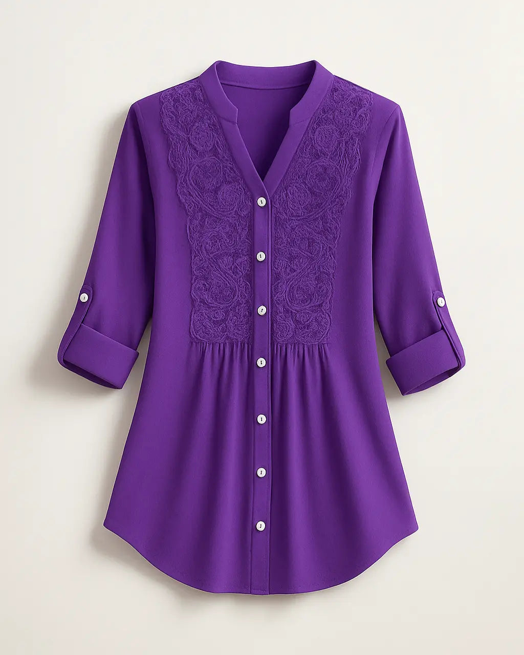 Polyester Blouse Met Pofmouwen En Kanten Accenten-Blouses & Tops-Velani-Paars-S-Velani