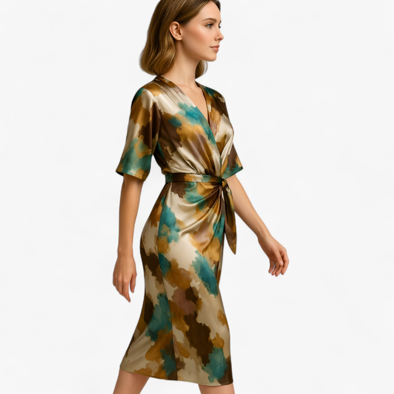 Naomi – Lange Jurk met Korte Mouwen Abstracte Print en Zijsplit Velani