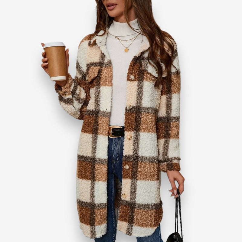 Olivia – Long Sleeve Coat with Button Closure and Down Collar