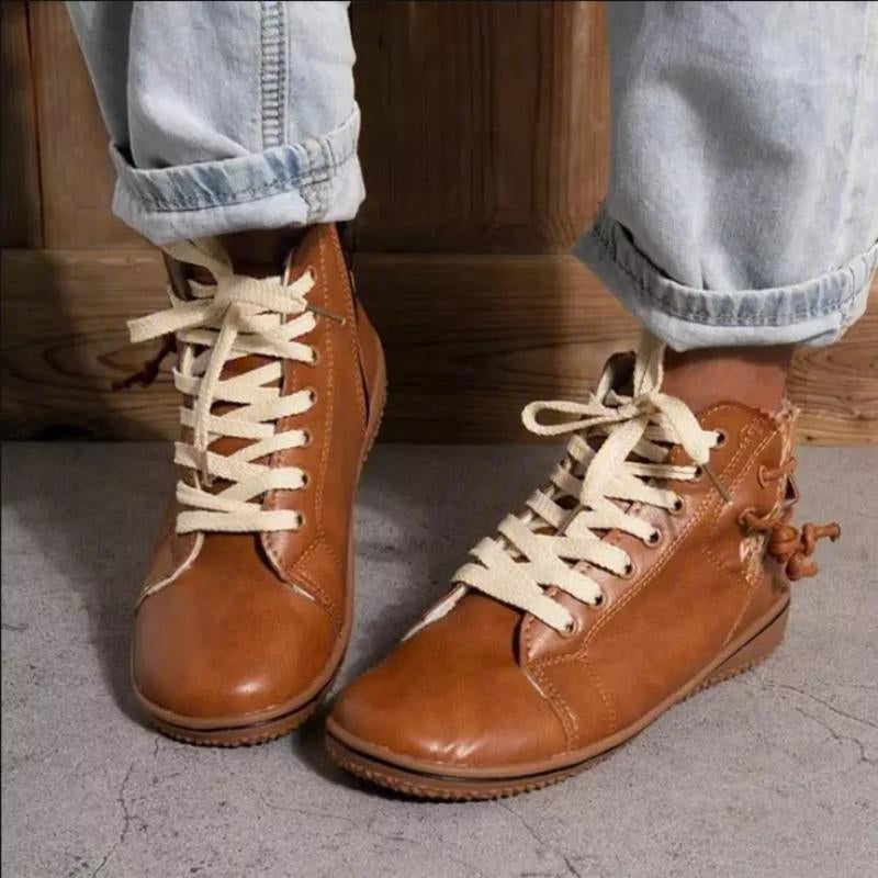 Nora – Lace Up Boots with Round Toe and Zipper Design