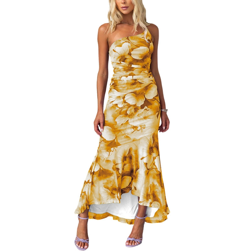 Laura – Strakke Jurk met Één Schouder en Bloemenprint Velani