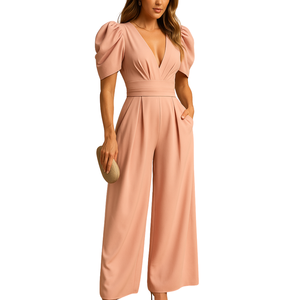 Emilia – Jumpsuit met V-hals korte mouwen en wijde pijpen Velani