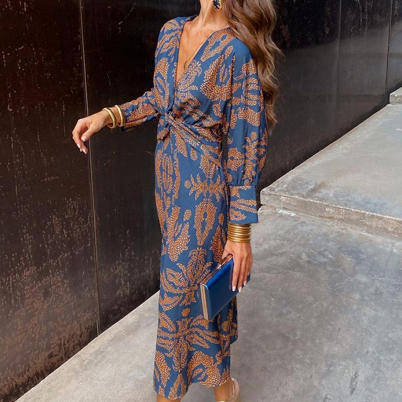 Women’s Floral Print Maxi Dress V-Neck Long Sleeve