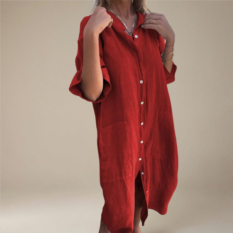 Women's Button Down Midi Dress with Long Sleeves