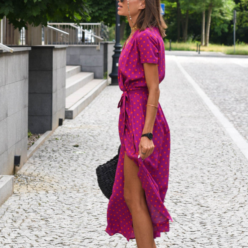 Women's V Neck Midi Dress with Waist Belt