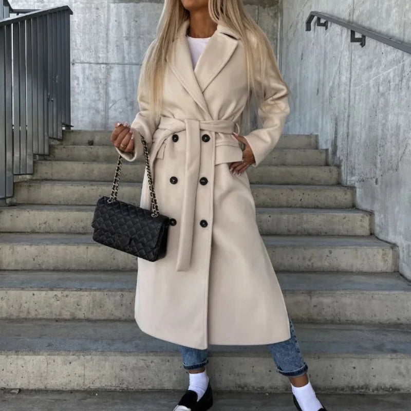 Women’s Belted Trench Coat Button Front Long Sleeve