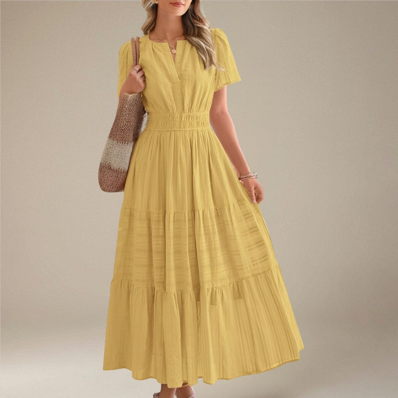 Women's Midi Dress with Wrap Waist and Short Sleeves